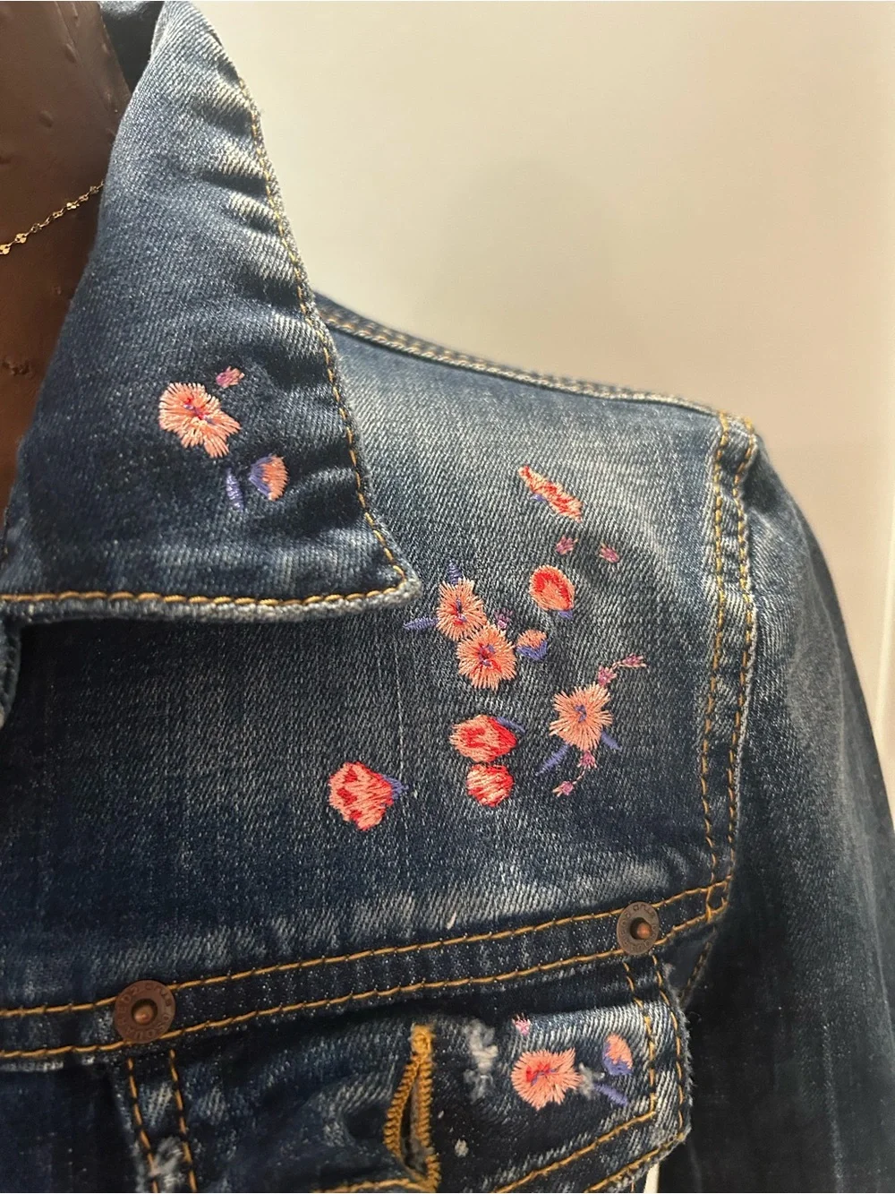 DSQUARED2 Dark Indigo Jean Jacket with Pink Embroidered  Details